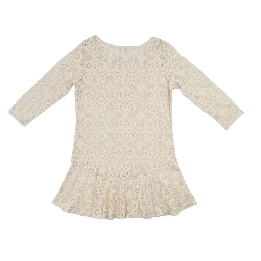Free People Dress Womens 10 Ivory Lace Ruffle Hem 3/4 Sleeve Sheath *Read
